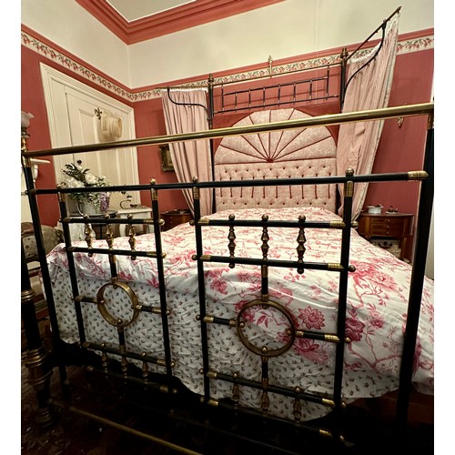 5 - A Victorian brass and iron half tester brass and iron double bedstead 4’6” w x 6’4” l with metal spr... 