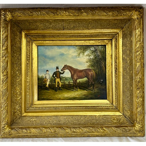 754 - A 19thC/early 20thC oil on board depicting a racehorse, jockey and probable owner in a very heavy gi... 