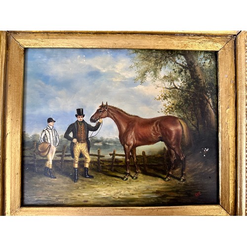 754 - A 19thC/early 20thC oil on board depicting a racehorse, jockey and probable owner in a very heavy gi... 