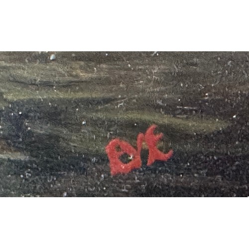 754 - A 19thC/early 20thC oil on board depicting a racehorse, jockey and probable owner in a very heavy gi... 