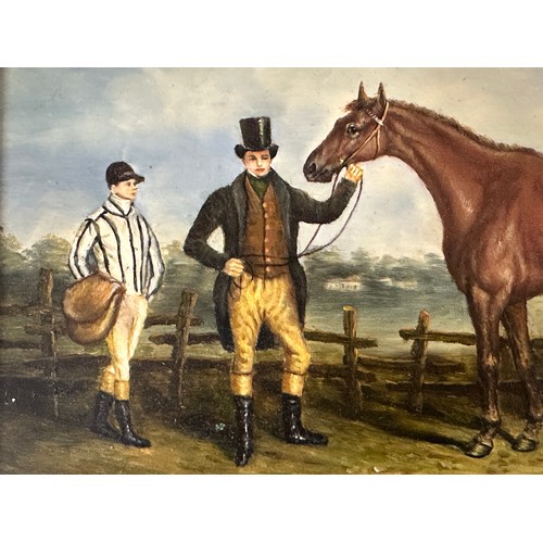 754 - A 19thC/early 20thC oil on board depicting a racehorse, jockey and probable owner in a very heavy gi... 
