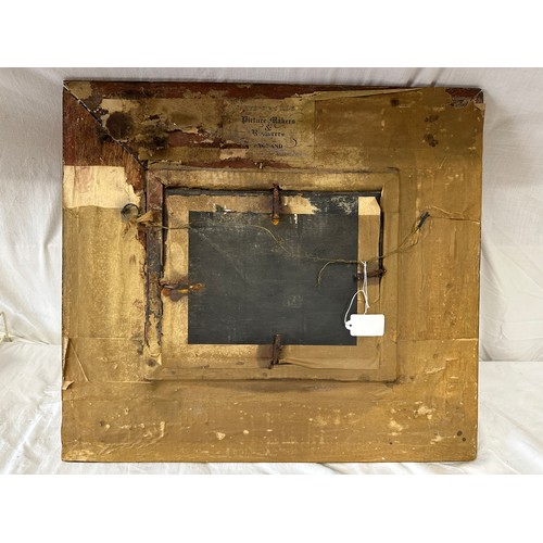 754 - A 19thC/early 20thC oil on board depicting a racehorse, jockey and probable owner in a very heavy gi... 