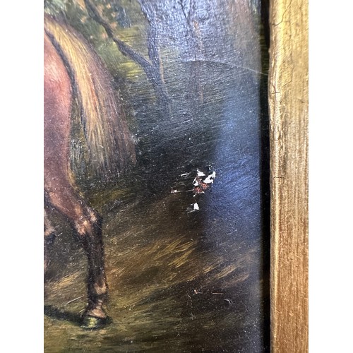 754 - A 19thC/early 20thC oil on board depicting a racehorse, jockey and probable owner in a very heavy gi... 