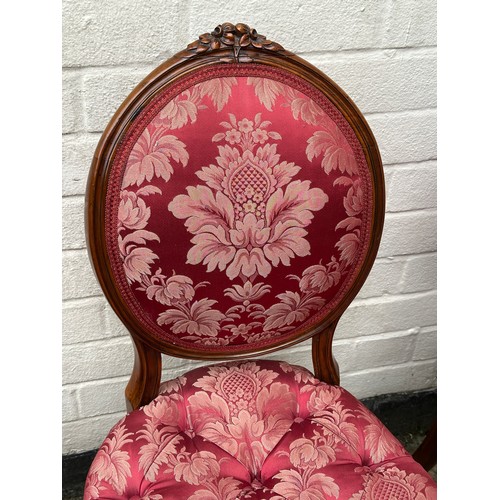 6 - A pair of Victorian mahogany framed salon chairs with floral carving. 86 h x 44 w x 44cm d. Height t... 