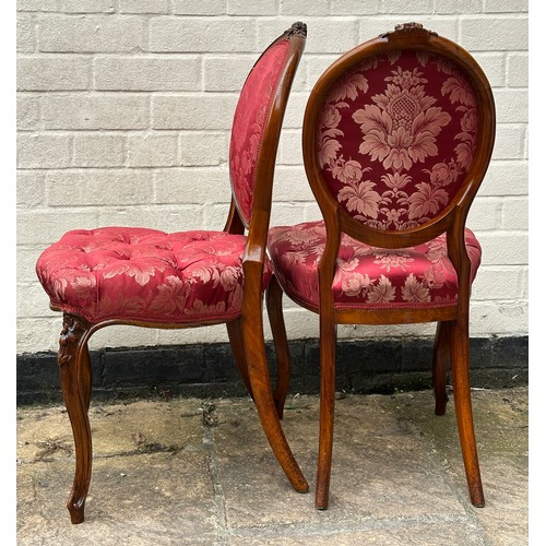 6 - A pair of Victorian mahogany framed salon chairs with floral carving. 86 h x 44 w x 44cm d. Height t... 