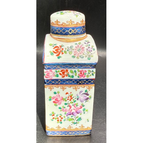 51 - A 19thC Samson of Paris porcelain Armorial tea caddy. Height 11cm x 6cm wide. Inscribed ‘Fortis in B... 