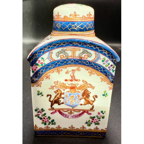 51 - A 19thC Samson of Paris porcelain Armorial tea caddy. Height 11cm x 6cm wide. Inscribed ‘Fortis in B... 
