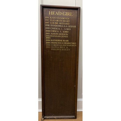 185 - Moorlands School honour board. Head girl. Starting 1994. 119cm x 38cm.