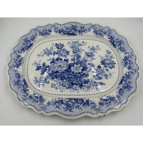 239 - A JWR Pottery Staffordshire 'Tuscan Rose' blue transfer platter featuring a floral bouquet and scall... 