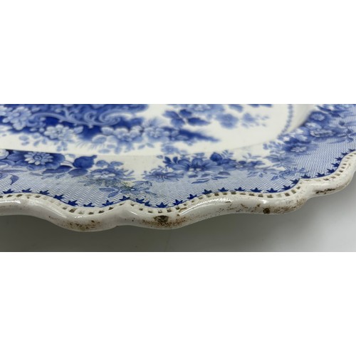 239 - A JWR Pottery Staffordshire 'Tuscan Rose' blue transfer platter featuring a floral bouquet and scall... 
