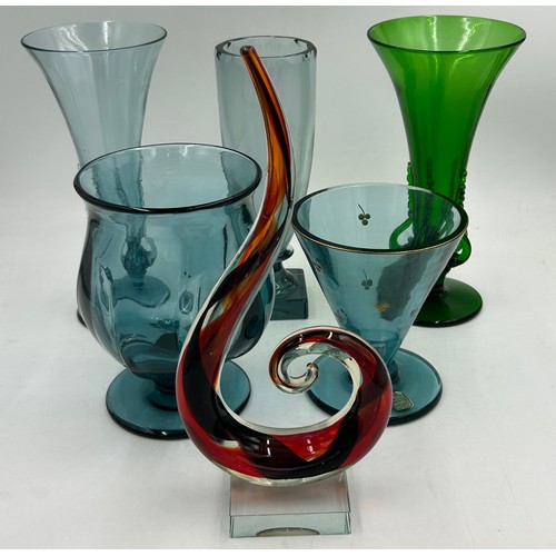460 - A collection of mid 20thC glass to include 2 x vases with lugs in blue & green by Edvin Ollers for K... 