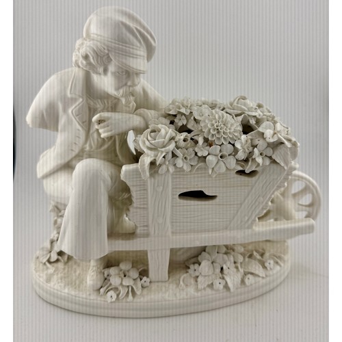 218 - Continental white porcelain figures and a white and gilt dish with floral decoration, 31cm x 26cm. (... 