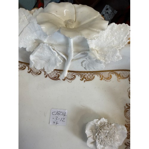 218 - Continental white porcelain figures and a white and gilt dish with floral decoration, 31cm x 26cm. (... 