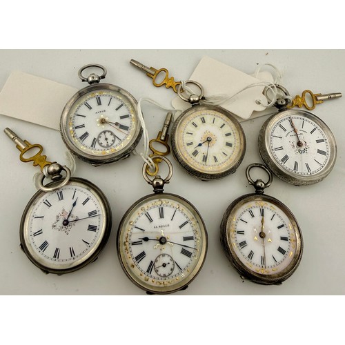 835 - Six white metal cased ladies pocket watches. All marked .935. All with white enamel faces, two with ... 