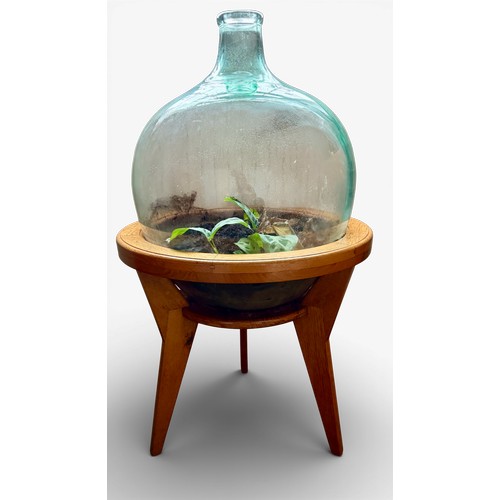 166 - Glass carboy in oak stand. 90cm h.