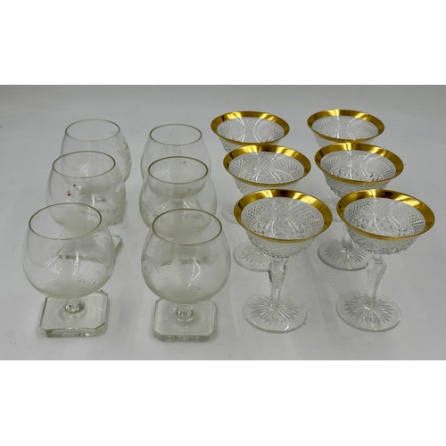 466 - A set of six Rowland Ward engraved Brandy glasses, 9.5cm h, depicting various animals and birds, tog... 
