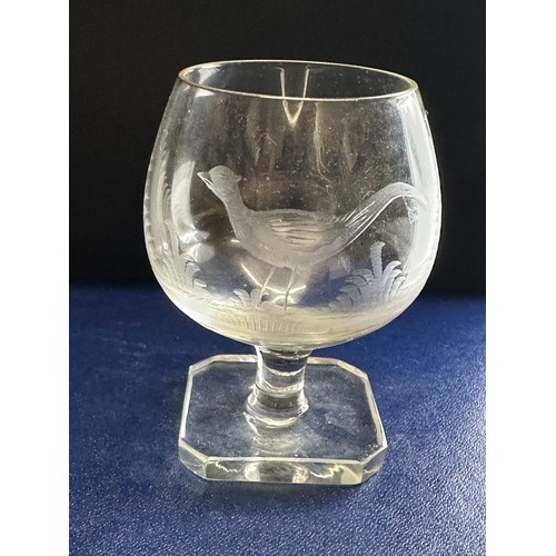 466 - A set of six Rowland Ward engraved Brandy glasses, 9.5cm h, depicting various animals and birds, tog... 