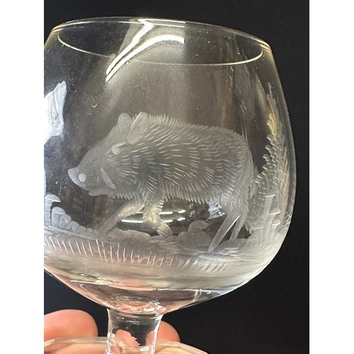 466 - A set of six Rowland Ward engraved Brandy glasses, 9.5cm h, depicting various animals and birds, tog... 