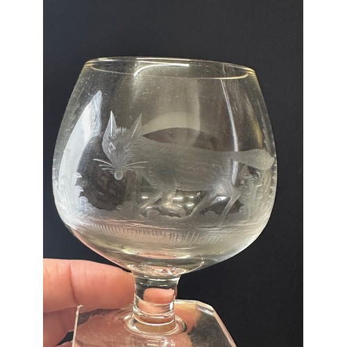 466 - A set of six Rowland Ward engraved Brandy glasses, 9.5cm h, depicting various animals and birds, tog... 