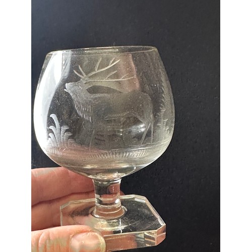 466 - A set of six Rowland Ward engraved Brandy glasses, 9.5cm h, depicting various animals and birds, tog... 