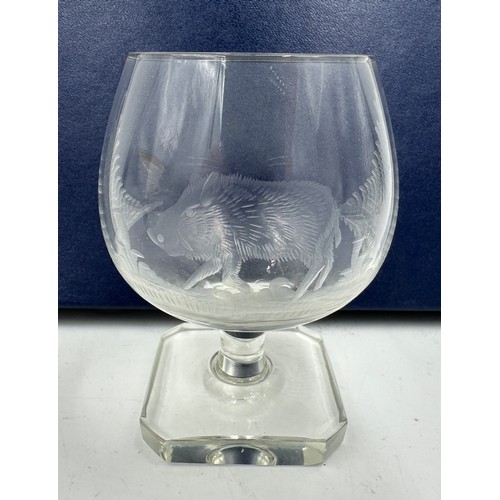 466 - A set of six Rowland Ward engraved Brandy glasses, 9.5cm h, depicting various animals and birds, tog... 
