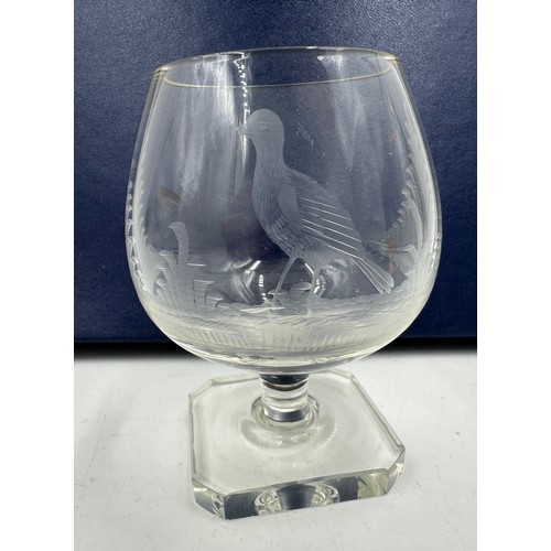 466 - A set of six Rowland Ward engraved Brandy glasses, 9.5cm h, depicting various animals and birds, tog... 