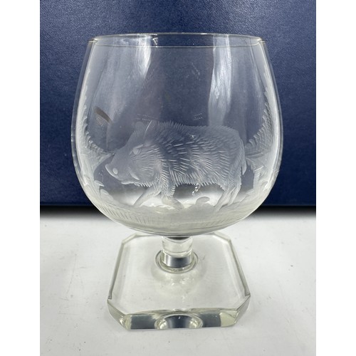 466 - A set of six Rowland Ward engraved Brandy glasses, 9.5cm h, depicting various animals and birds, tog... 