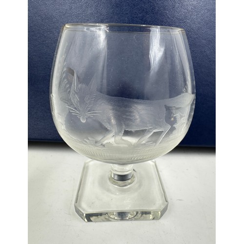 466 - A set of six Rowland Ward engraved Brandy glasses, 9.5cm h, depicting various animals and birds, tog... 