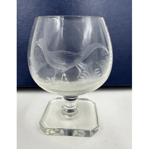 466 - A set of six Rowland Ward engraved Brandy glasses, 9.5cm h, depicting various animals and birds, tog... 