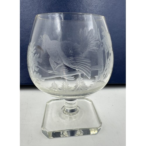 466 - A set of six Rowland Ward engraved Brandy glasses, 9.5cm h, depicting various animals and birds, tog... 