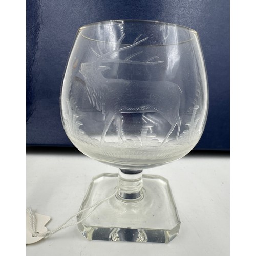 466 - A set of six Rowland Ward engraved Brandy glasses, 9.5cm h, depicting various animals and birds, tog... 