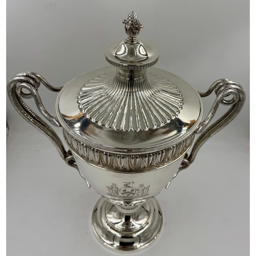 948 - A very large impressive hallmarked silver lidded trophy with snake handles, presented to the Worship... 
