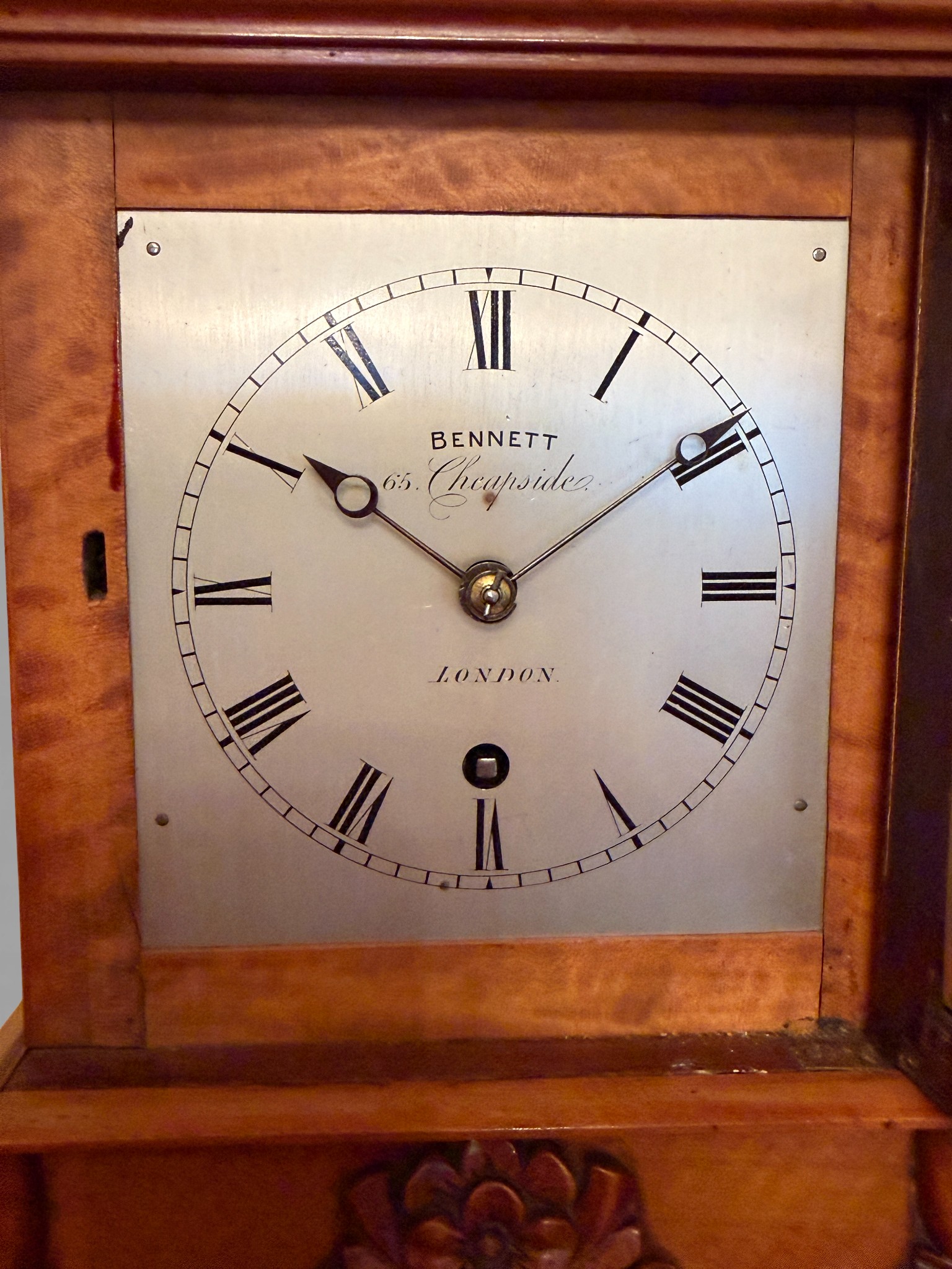 Mahogany mantle clock, Bennett 65 Cheapside London. 23 h x 17 w x 12cm d.