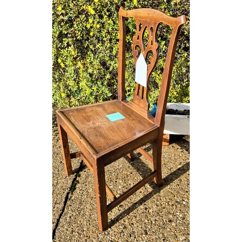 85 - A pair of 19thC country Chippendale style chairs with solid seats. 92cm h to back, 55cm w x 49cm d.