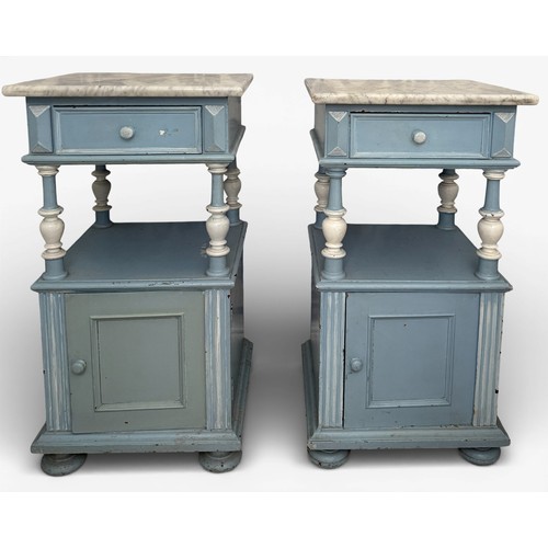 96 - A pair of painted pine bedside cabinets with marble tops. 79cm h x 42cm w x 41cm d.