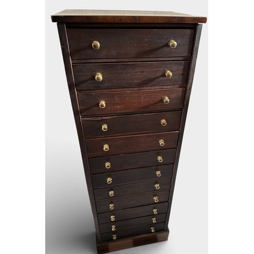 139 - A 19thC rosewood veneered chest of 12 drawers with brass knobs. 121 h  x 42 w x32cm d.