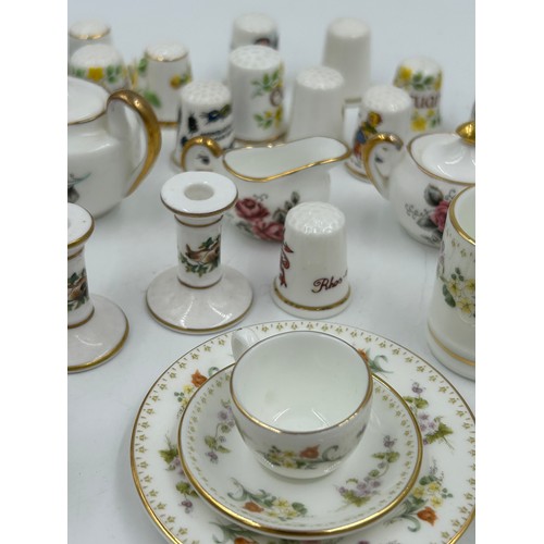 419 - Various porcelain miniatures to include mainly Spode, 2 x Royal Doulton twin handled loving cups, Co... 