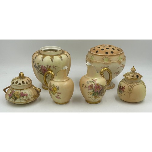 422 - Royal Worcester blush ivory comprising: pot pourri shape 1312 No.112589 lacking lids, 2 x  jugs, lar... 
