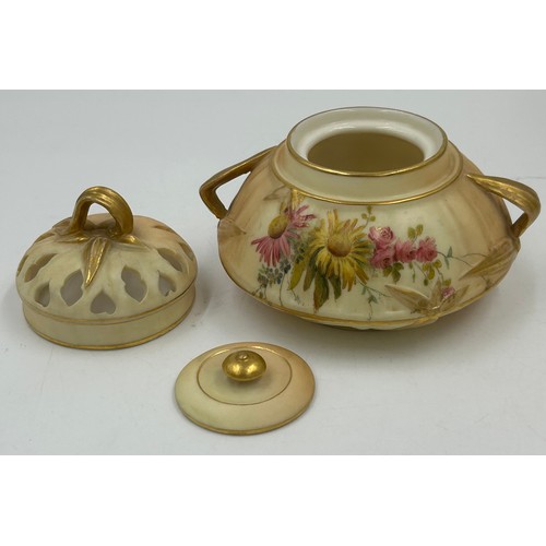 422 - Royal Worcester blush ivory comprising: pot pourri shape 1312 No.112589 lacking lids, 2 x  jugs, lar... 