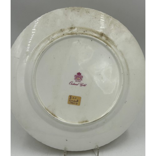 423 - Aynsley Orchard Gold c746 pattern to include 2 x cups, 2 x saucers 1 x plate 16cm d all signed D. Jo... 