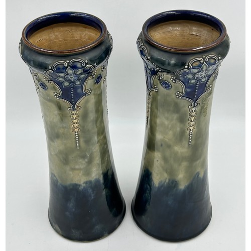 430 - A pair of Royal Doulton stoneware Sleeve Vases, decorated with 'Tube lined' designs 32cm with impres... 
