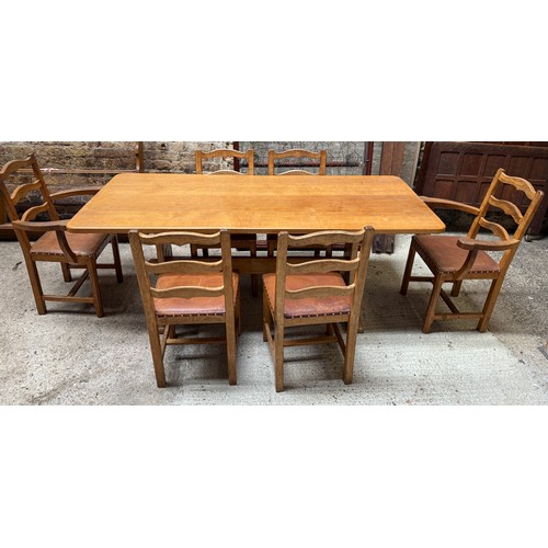 207 - An Alan ‘Acornman’ Grainger refectory dining table and six leather seated chairs including two carve... 