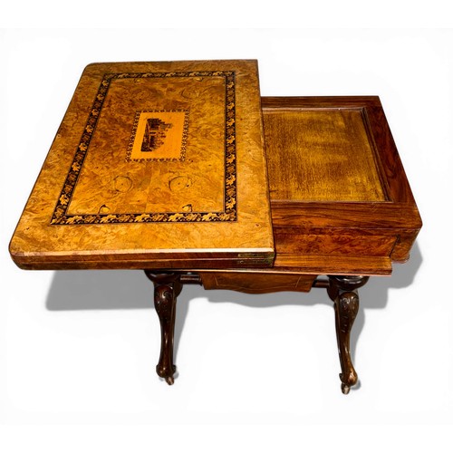 12 - A nineteenth century Tunbridge ware inlaid games/work table, possibly depicting Eridge Castle. 59cm ... 