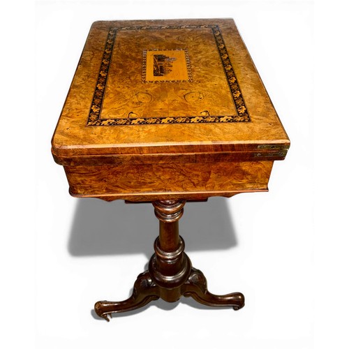 12 - A nineteenth century Tunbridge ware inlaid games/work table, possibly depicting Eridge Castle. 59cm ... 