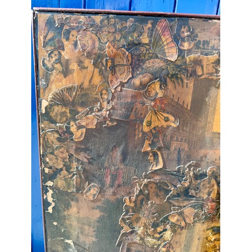 21 - A 19thC mahogany adjustable pole screen with needlework decoration to one side and decoupage to the ... 