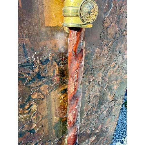 21 - A 19thC mahogany adjustable pole screen with needlework decoration to one side and decoupage to the ... 