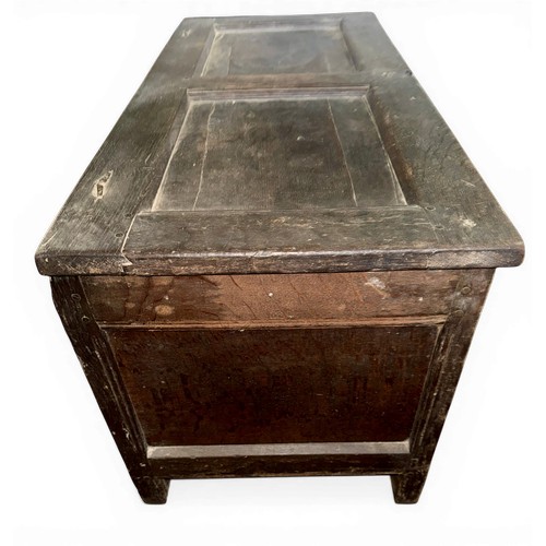 26 - An 18thC oak coffer with original snipe hinges. 106cm w x 48cm d x 52cm h.