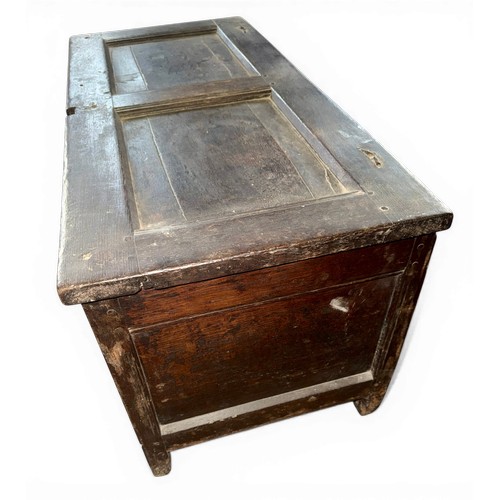 26 - An 18thC oak coffer with original snipe hinges. 106cm w x 48cm d x 52cm h.
