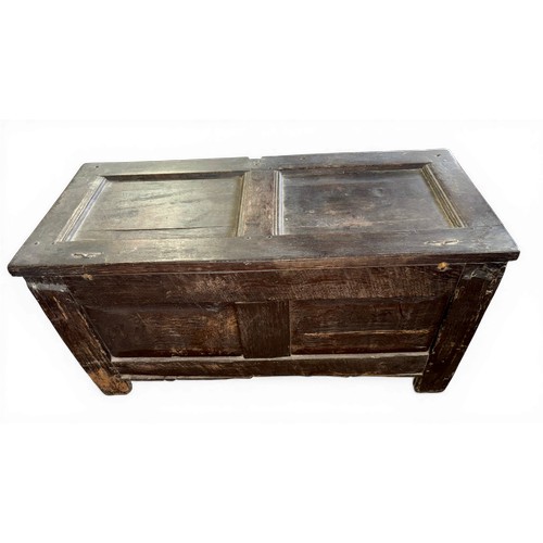 26 - An 18thC oak coffer with original snipe hinges. 106cm w x 48cm d x 52cm h.