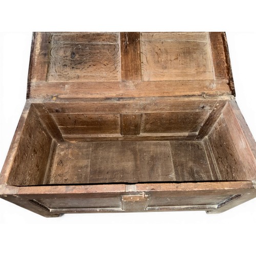 26 - An 18thC oak coffer with original snipe hinges. 106cm w x 48cm d x 52cm h.